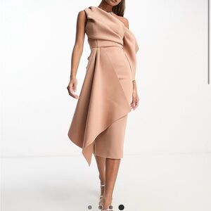 ASOS DESIGN off shoulder pencil midi dress with ruffle detail in camel